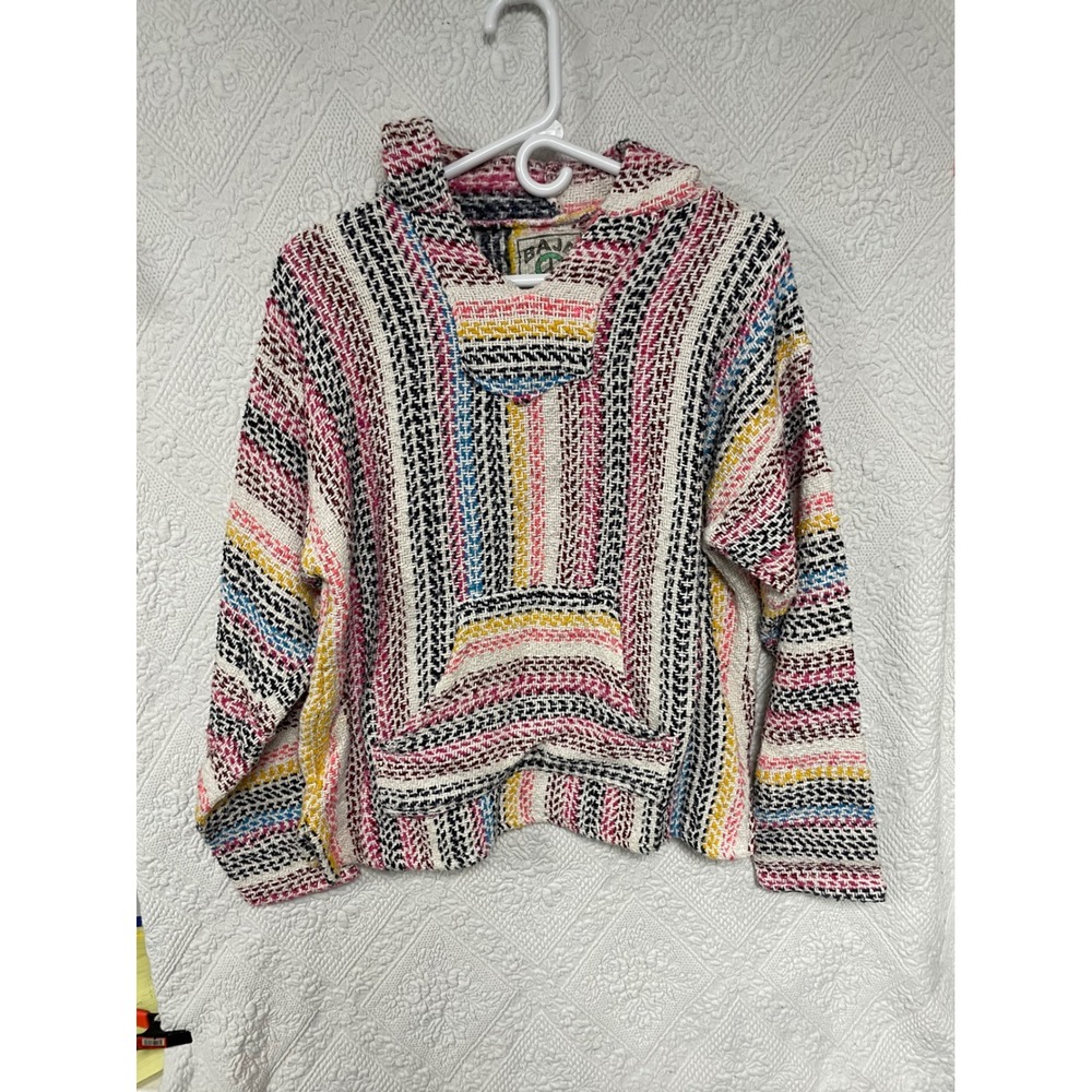 Baja Joe Mens Multi Color Striped Woven "Drug Rug" Hoodie Mexico Size Medium